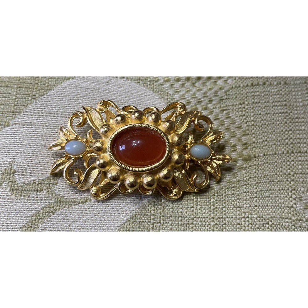 Vintage Graziano Butterscotch Cabochon and Opal Brooch Pin signed